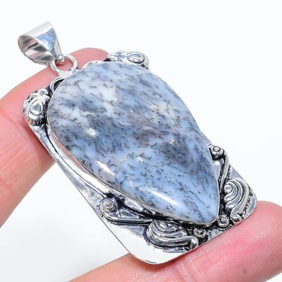 Natural Dendrite Opal Gemstone 925 Sterling Silver Gift Pendant 2.48" m8Y49