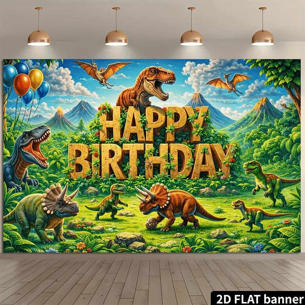 Fundal banner petrecere de ziua de naștere plat 2D - Tematică dinozauri, cu diverse elemente de dinozauri