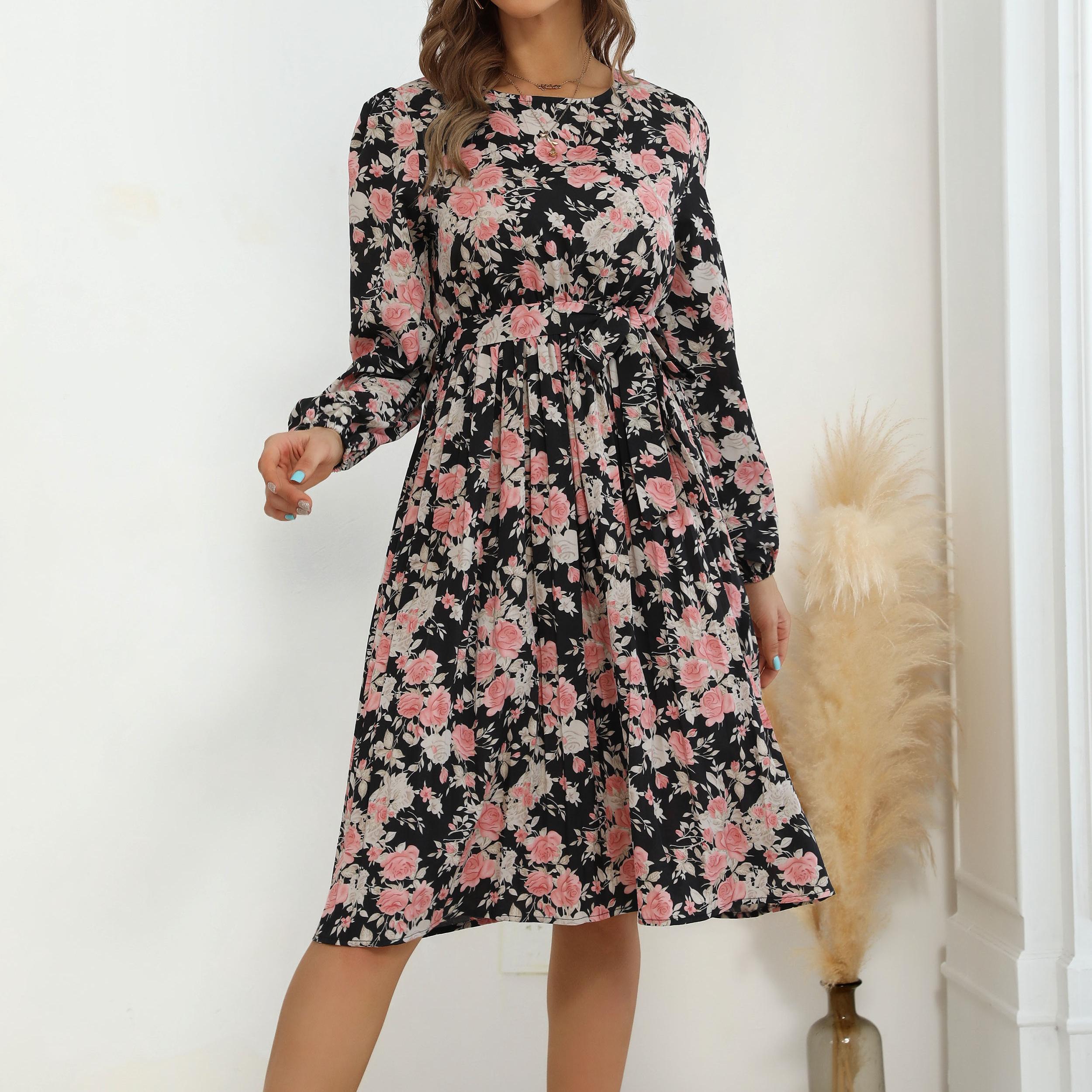 

YYFS женская мода лето весна цветочный принт с длинным рукавом и круглым вырезом повседневные платья XL чёрный