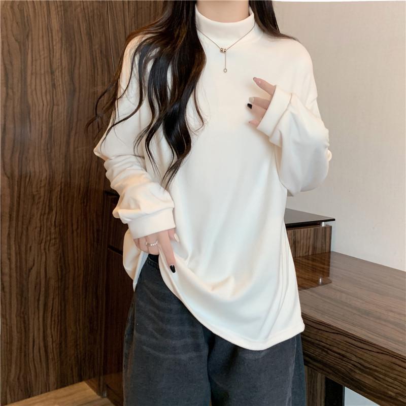 European & American Style Women's Velvet Bottoming Shirt - Autumn/Winter, Thick, Loose Half-High Collar, Long-Sleeved, Warm Plus Velvet T-shirt