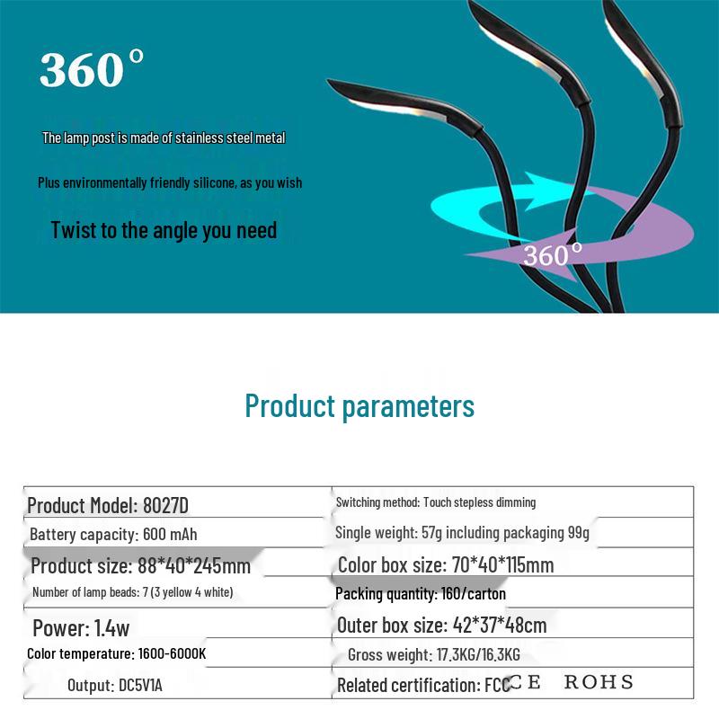 SeeKajia USB Rechargeable LED Clip-On Eye Protection Reading Light