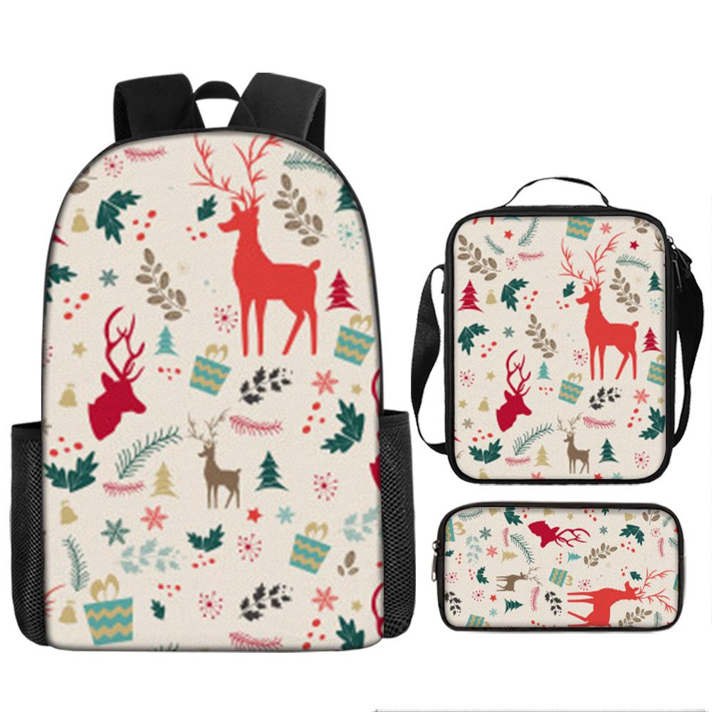 Santa Claus Christmas Tree Backpack Elementary School Bag Large Capacity Leisure Bag Lunch Bag Pencil Bag Three-piece Set