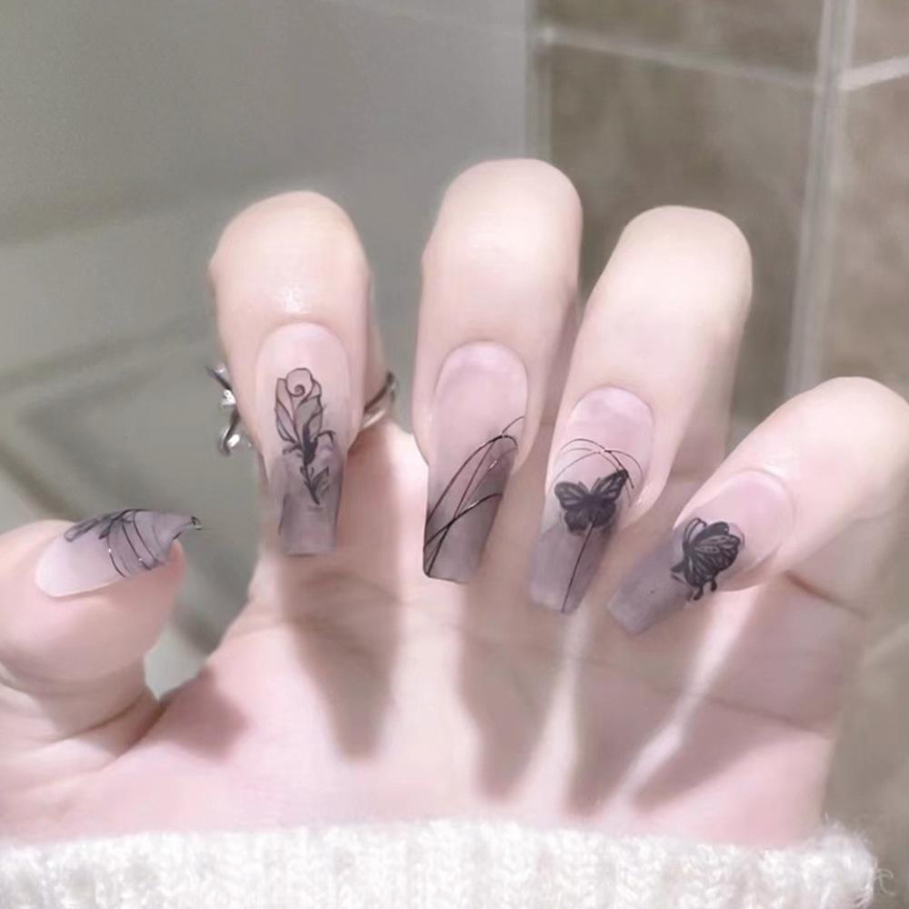 

24-Piece Set: Long Matte Black Butterfly Nude Press-On Ballet Nails