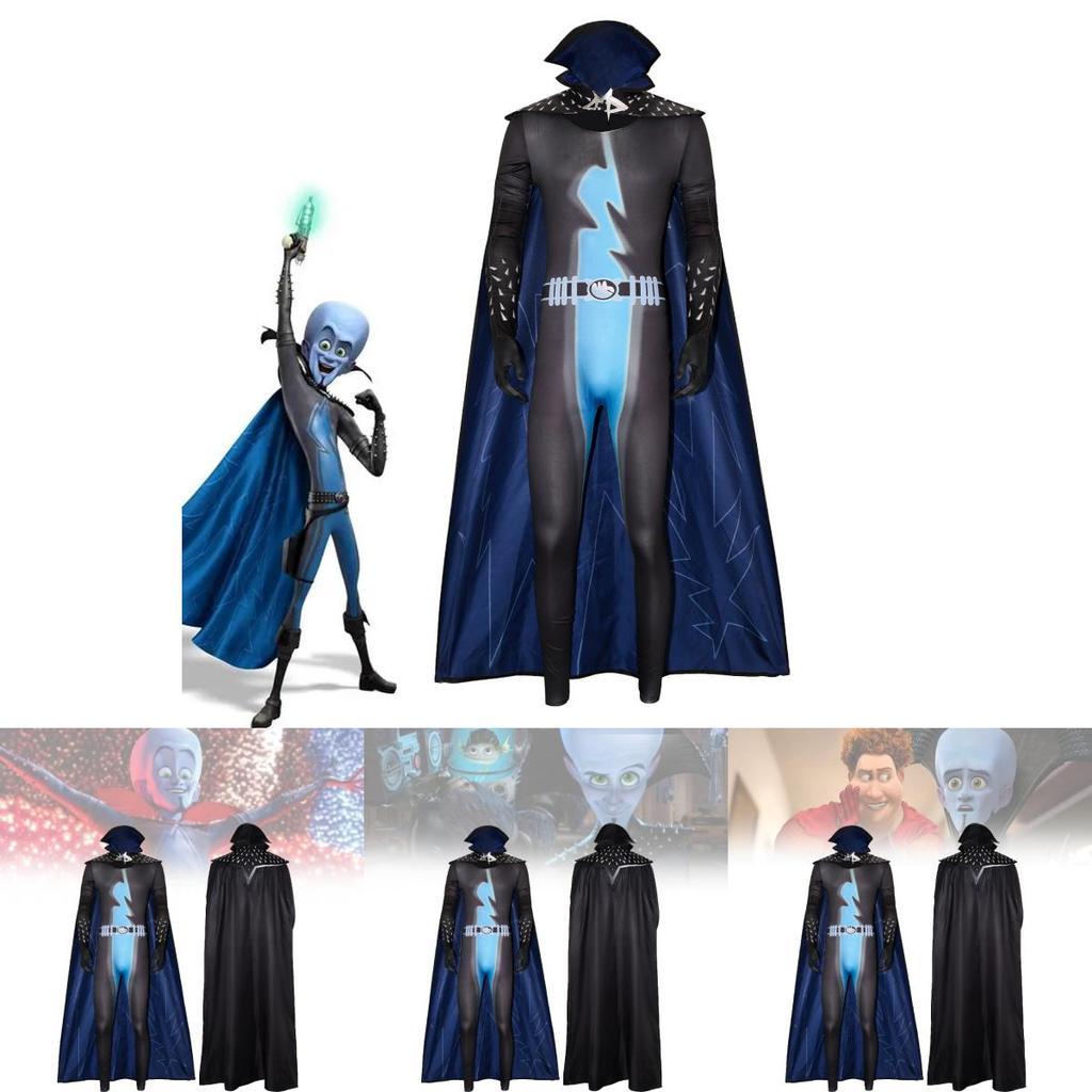 Megamind-Plüschkostüm für Superschurken-Cosplay aus kuscheligem Chenille-Stoff mit niedlichem Design. Erhältlich in verschiedenen Größen von S bis XXL.