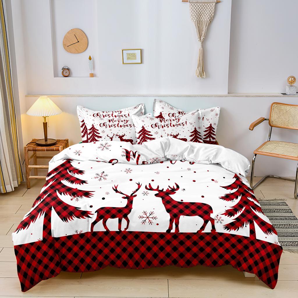 3pcs Christmas Duvet Cover Set - Festive Reindeer &Tree Design Red Grid Checkered Pattern Christmas Bedding | Christmas Gift