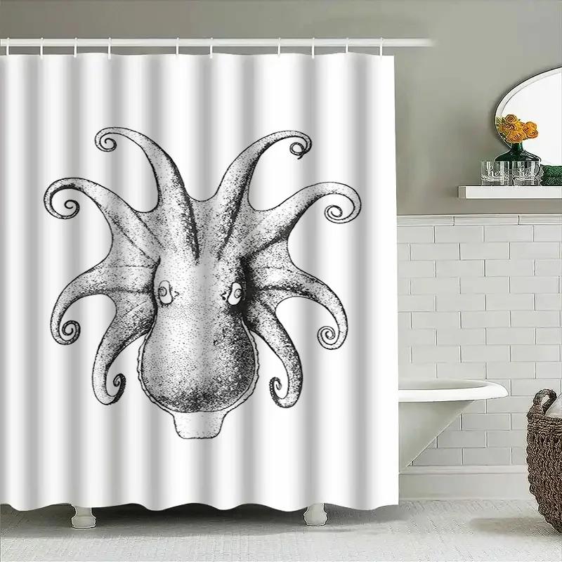 Elegant Octopus Shower Curtain Waterproof Bath Decor For Home Decoration White And Black Modern Print