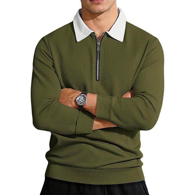 Men's Solid Big Waffle Knit Long Sleeve Polo Shirt, Lapel Zip Casual Sports Top for Autumn