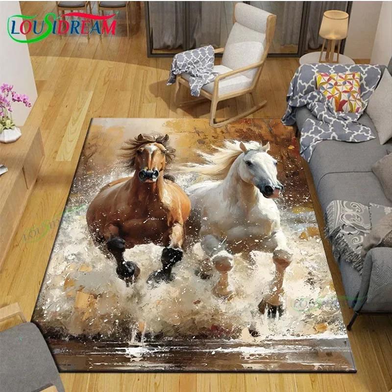 3D Realistic Horse Print Area Rug – Non-Slip Large Carpet for Living Room or Kids Bedroom – Artistic Home Decor Floor Mat