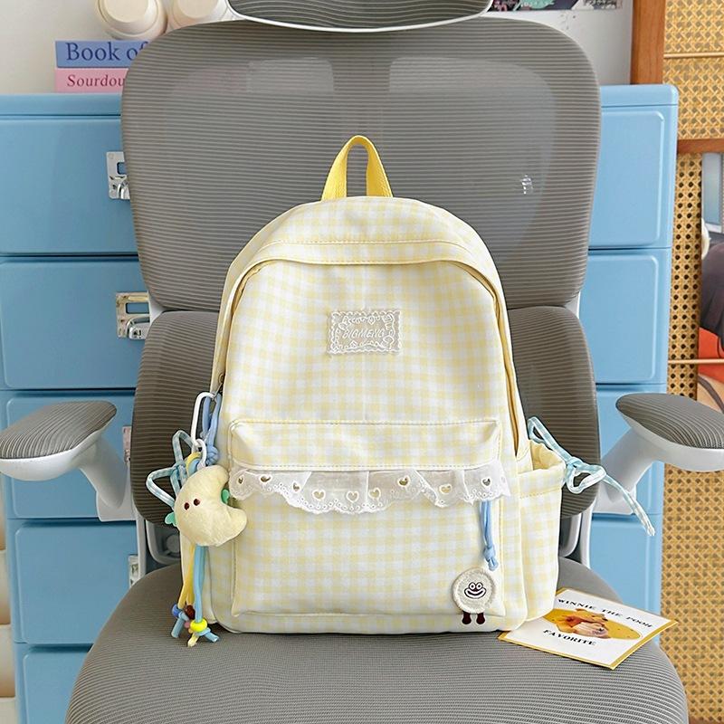 Schoolbag Korean fresh plaid corrugated backpack girl heart lace small schoolbag girls junior high school students female commuter bag