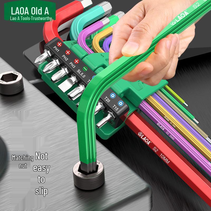 Old A 9-Piece Magnetic L-Shaped Hex Key Set with S2 Torx Inner Hex Screwdrivers