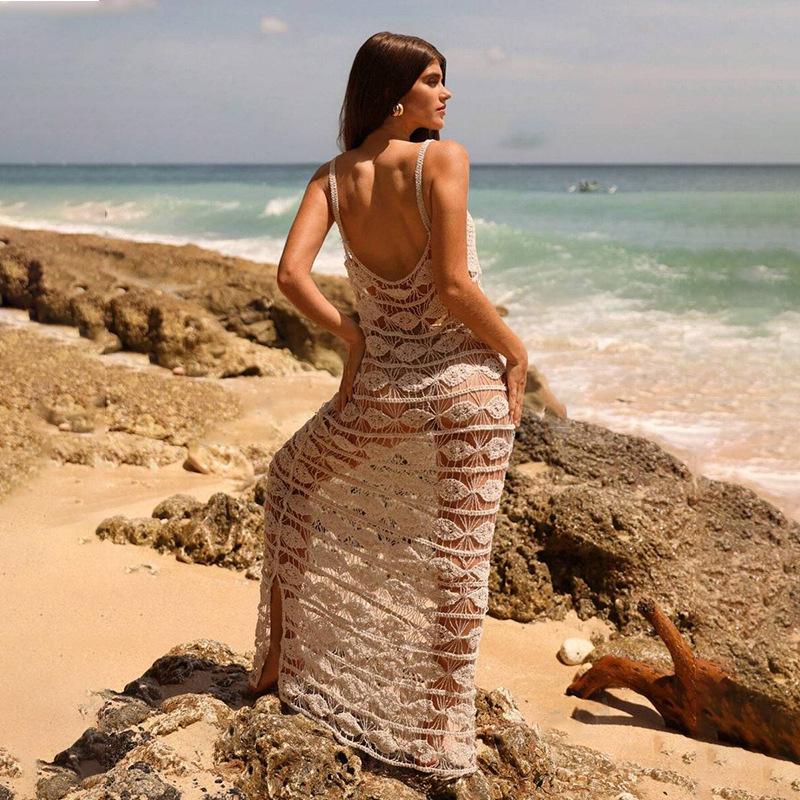 Summer See Through Women Tank Dress Embroidery Crochet Hollow Out Long  Party Dresses Cover-up Bikini Sleeveless Solid Color Split Beach Dress   buy the best products in the Ayzeze online store