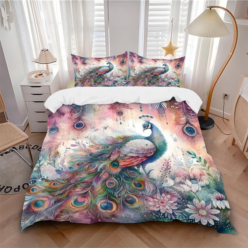 3pcs Peacock & Flowers Printed Quilt Set - Includes 1 Quilt Cover and