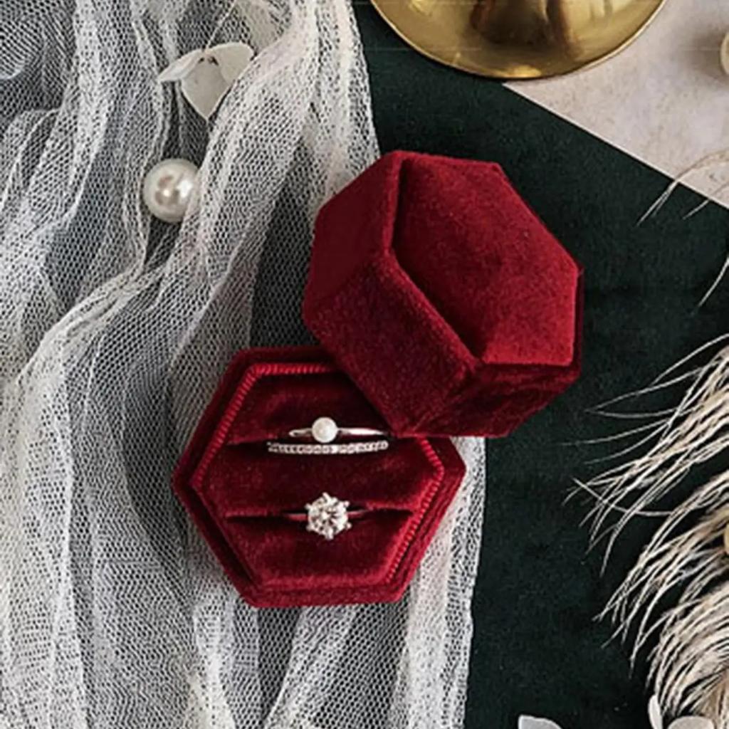 1pc-Velvet Double Ring Box Hexagon Wedding Ceremony Ring Box with Detachable Lid Box