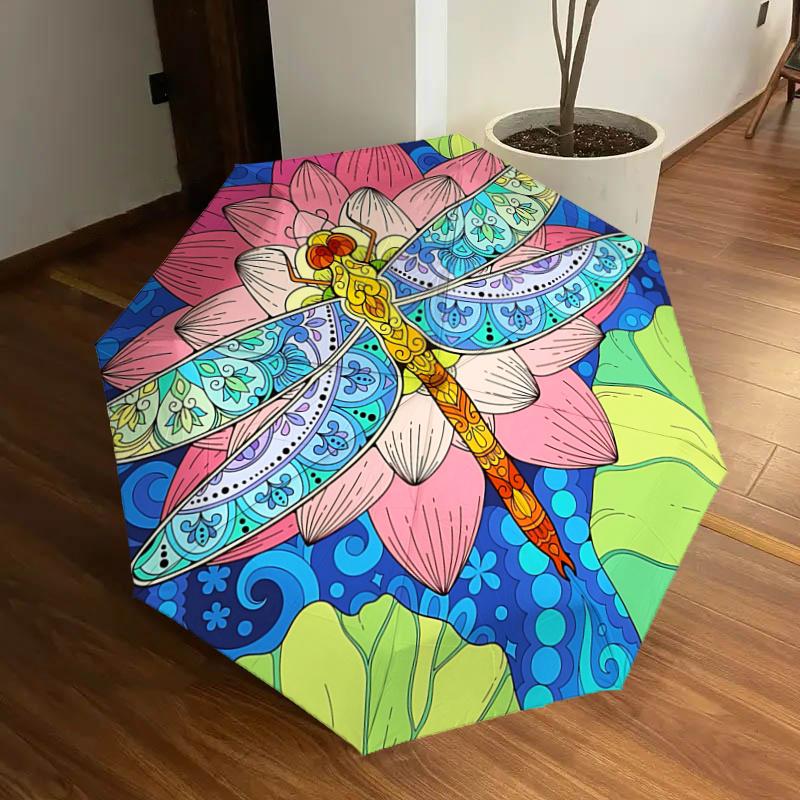 

Colorful Lotus Dragonfly Mandala Automatic Opening Folding Umbrella with 8-Bone Iron Frame, Suitable for Fans, Travel, Daily Use, Festive Gi