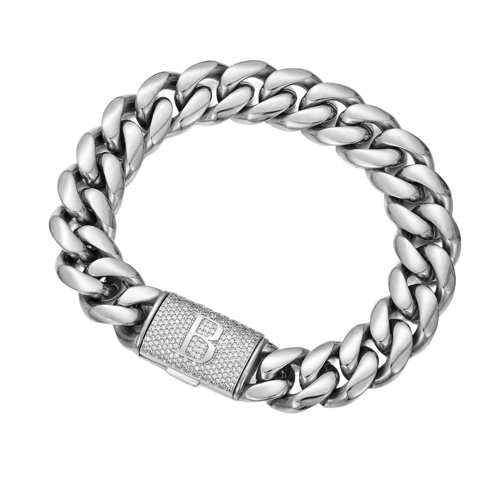Hip Hop Bling CZ Jewelry A-Z 26 Alphabets Initial Letters Cuban Link Chain Stainless Steel Bracelet With Iced Buckle