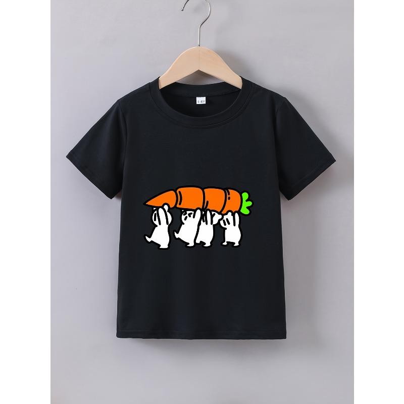 European Sizes Girls' Summer Short Sleeve "Little White Rabbit Carrying Radish Cartoon Creative Pattern" Printed T-Shirt