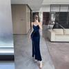 Temperament socialite pure desire sexy golden velvet long high slit primer suspender dress dress women