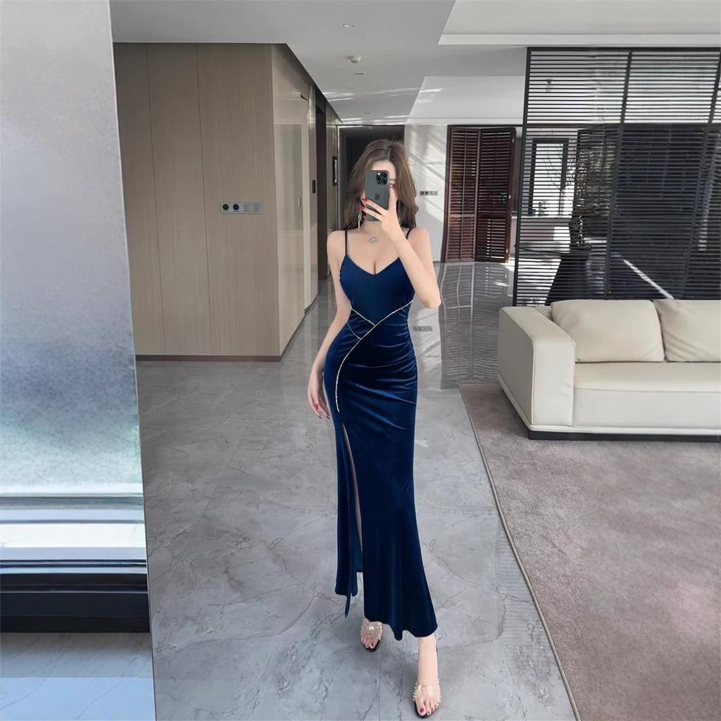 Temperament socialite pure desire sexy golden velvet long high slit primer suspender dress dress women