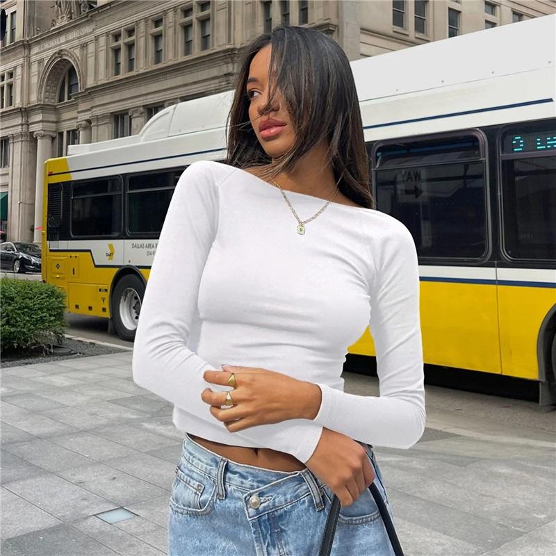 Damen Slim Top Langarmshirts Basic Crop Tops Ausgehmode Einfarbig Rundhals Layer Slim Fit Tops