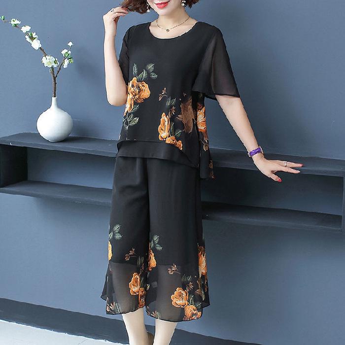 2021 Summer Chiffon Two-Piece Set for Middle-Aged and Elderly Women: Fashionable Loose Style for Mothers