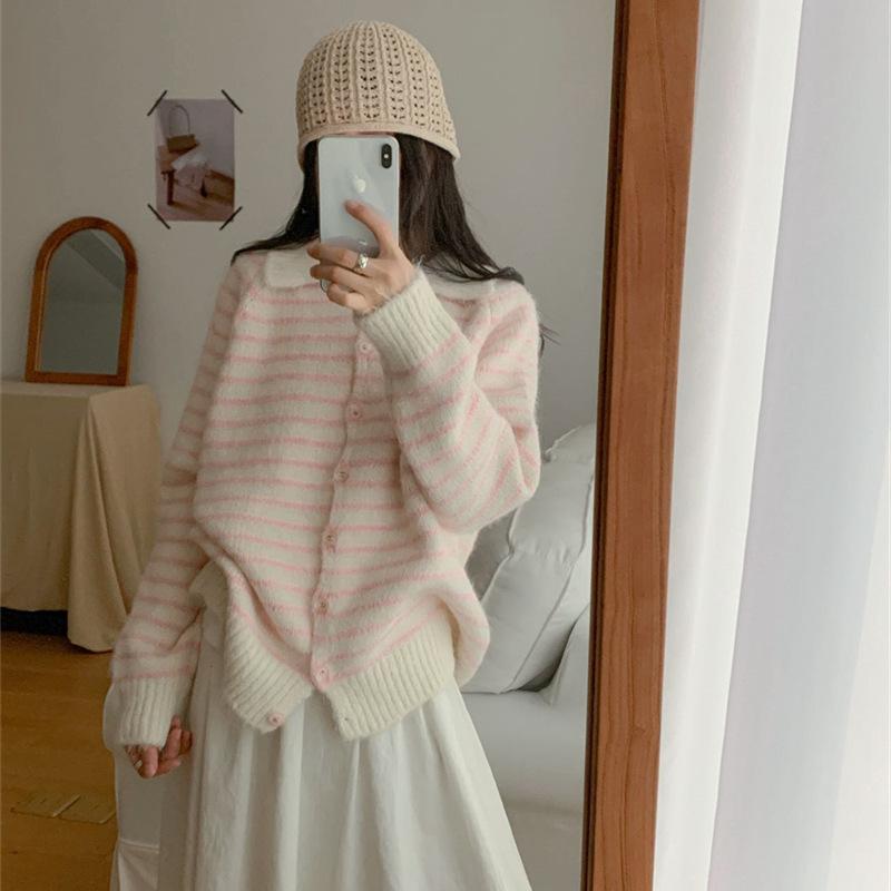 

Striped lapel knitted cardigan women s clothing autumn and winter new loose casual gentle wind sweater jacket women one size fits all