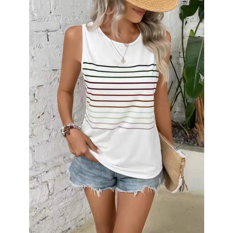 Trendy Ladies Round Neck Tops T-Shirt Summer Outdoor Sleeveless T-Shirt 3D Striped Printed Big OverSize Loose Women's Clothing