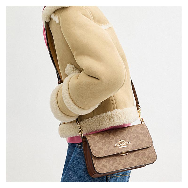 Coach Borsa a tracolla media da donna Brynn 23, logo del marchio, chiusura a scatto, ecopelle e pelle bovina divisa, colore cuoio e marrone