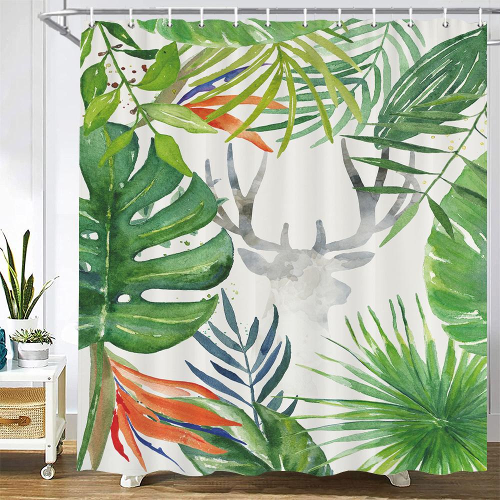 1 pack of Green leaf plant pattern polyester shower curtain bathroom partition curtain with hooks home decorative curtain