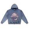 DTG Print Knitted Denim Zip-Up Hoodie Trapped World Brother Print Zipper Hoodies  