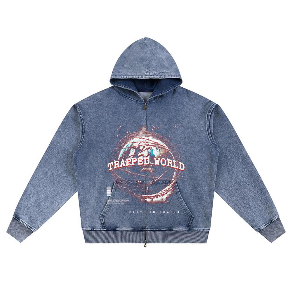 DTG Print Knitted Denim Zip-Up Hoodie Trapped World Brother Print Zipper Hoodies