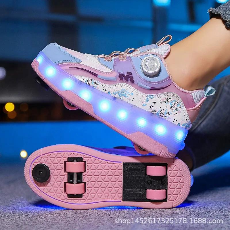 Children's LED Light Walking Shoes Double Row Four-Wheel Roller Skates Ice Skate Shoes Unisex Kids' Wheeling Footwear