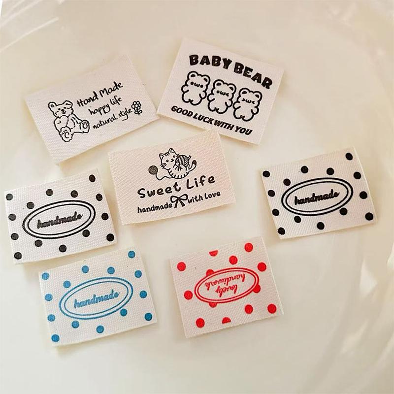 10PCS Cotton Fold-over Label Vintage Style Apparel Label Minimalist Bag Tag Wave Point Bear Cloth Label 3x2.5cm/3.7x3cm