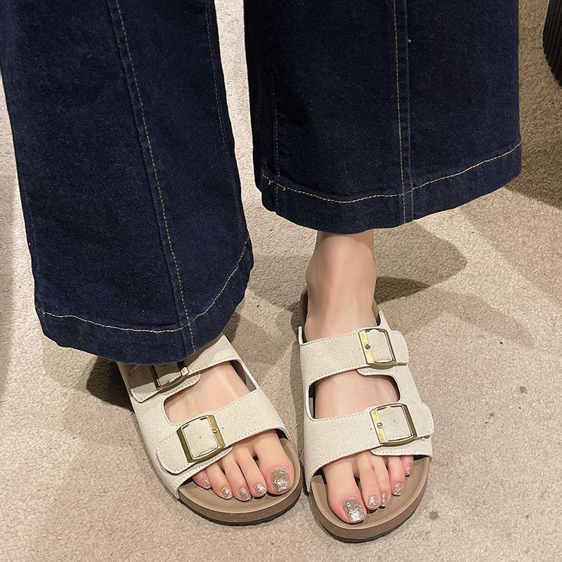 Thick-bottomed beach lazy cool slippers casual one-word buckle with Boken slippers women's summer wear 2025 new models