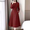 ZANZEA Women Casual Round Neck Long Sleeve A-Line Dress