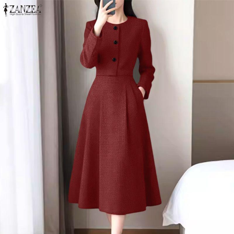 ZANZEA Women Casual Round Neck Long Sleeve A-Line Dress