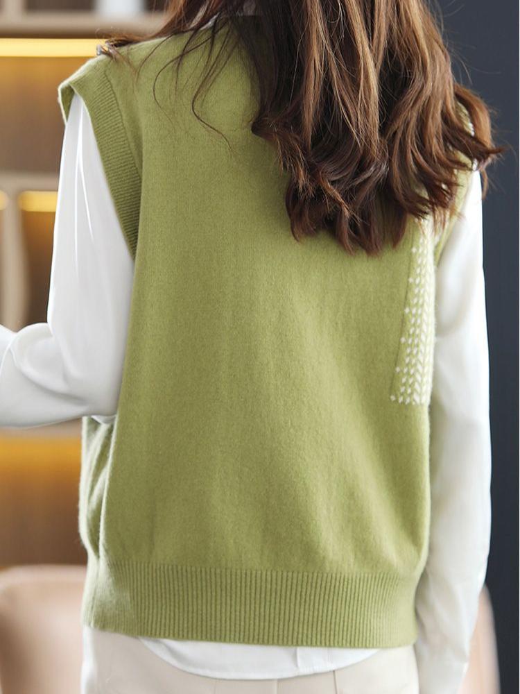 Elegant Solid V-Neck Sleeveless Sweater Vest for Women, Spring & Fall Fashion