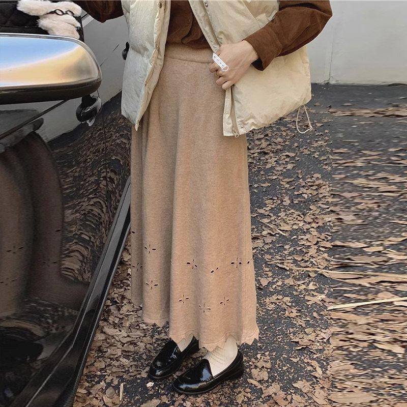 Maternity Knit Skirt Vintage Floral Hollow High Waist A-line Slim Fit Women