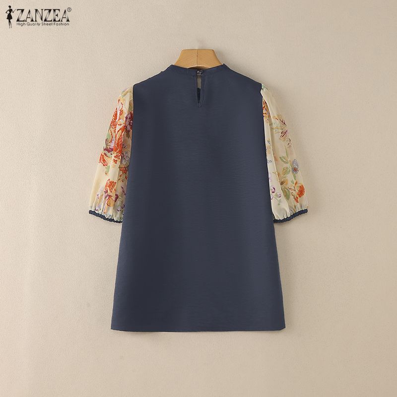 ZANZEA Women Casual Round Neck Print Splice Half Sleeve Lace Blouse