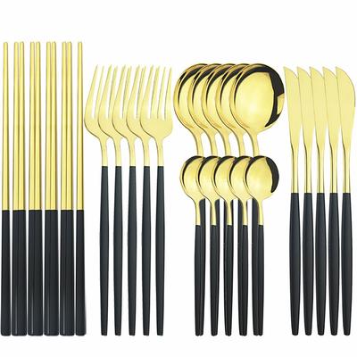 Schwarzgold Abendessen Teelöffel Set Edelstahl Besteck Tischbesteck Küchensets Messer Löffel Gabeln Essstäbchen Geschirr Besteck