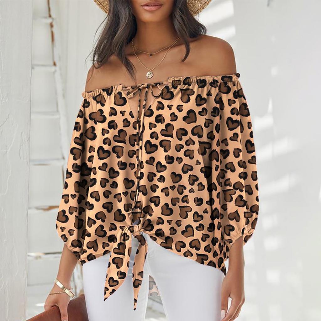 Women's Summer Fasion Loose Print Long--sleeve Bow Tie Neckline Bandage  Top