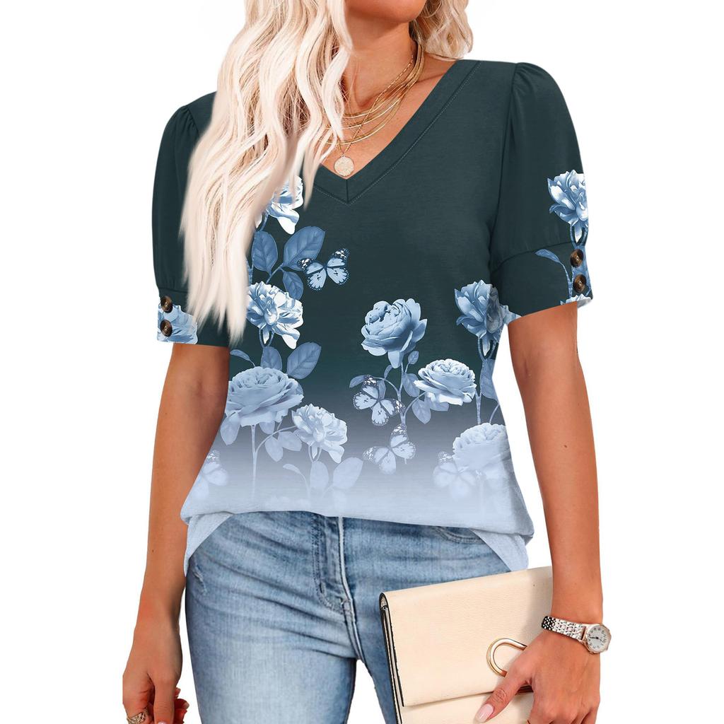 Womens Tops Short Sleeve Shirts Buttons V Neck  Fashion Outfits  Blouses  Casual