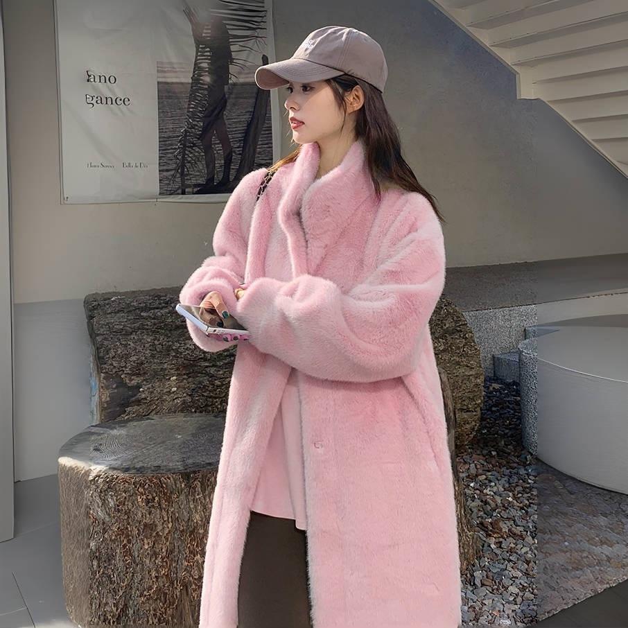 New winter environmentally friendly fur coat women's medium and long fashion large size stand-up collar plush temperament coat