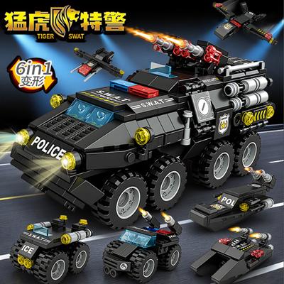 Bausteine Polizeiauto Panzer Flugzeug gepanzertes Fahrzeug Modell DIY Konstruktionsspielzeug für Kinder Geburtstags-Weihnachtsgeschenk