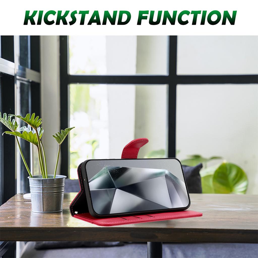 For iPhone 16 Plus Stand Case with Strap PU Leather Wallet Phone Cover S Shape Stitching Design