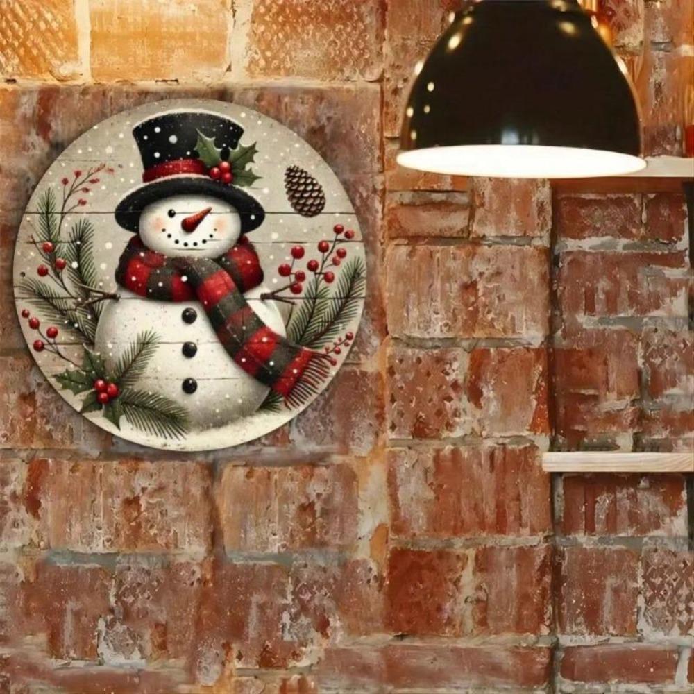 Christmas Snowman Metal Wall Art Round Sign Cottage Decor Gift