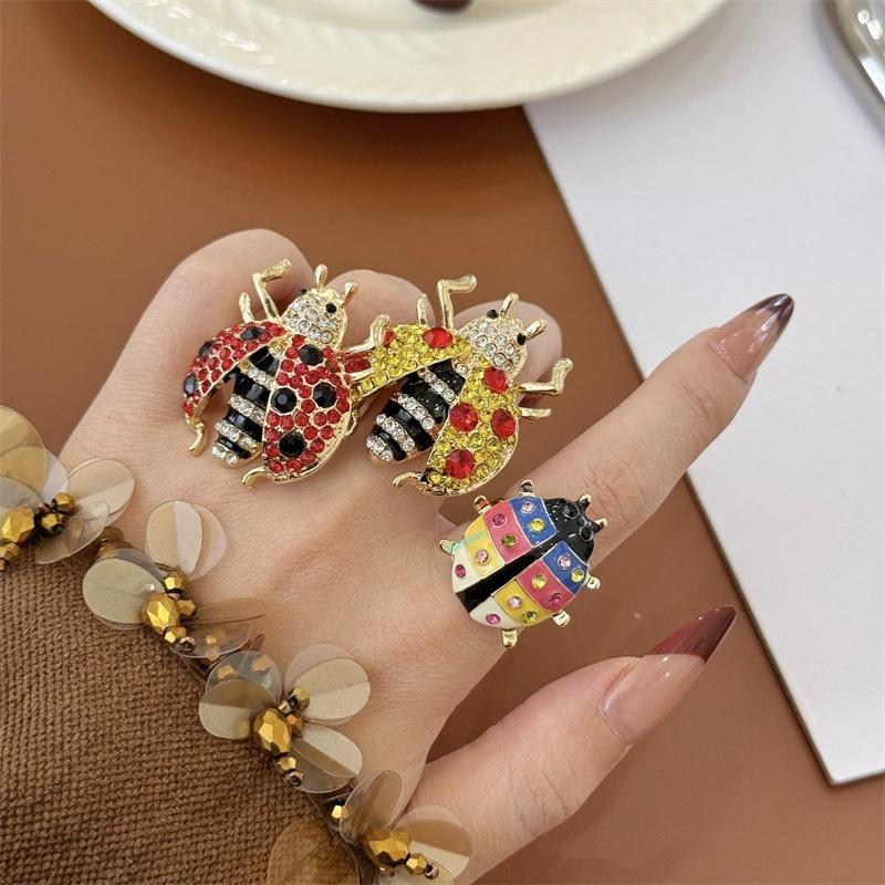 Cute Enamel Insect Rings Colorful Sparkling Rhinestone Ladybug Beetle Ring Punk Y2K Jewelry Gift For Women