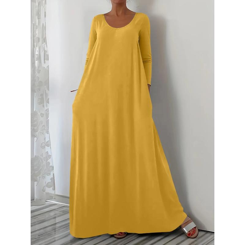 IHUASU Fashion Summer Spring Solid Color Print Long Sleeve O-Neck Casual Dresses