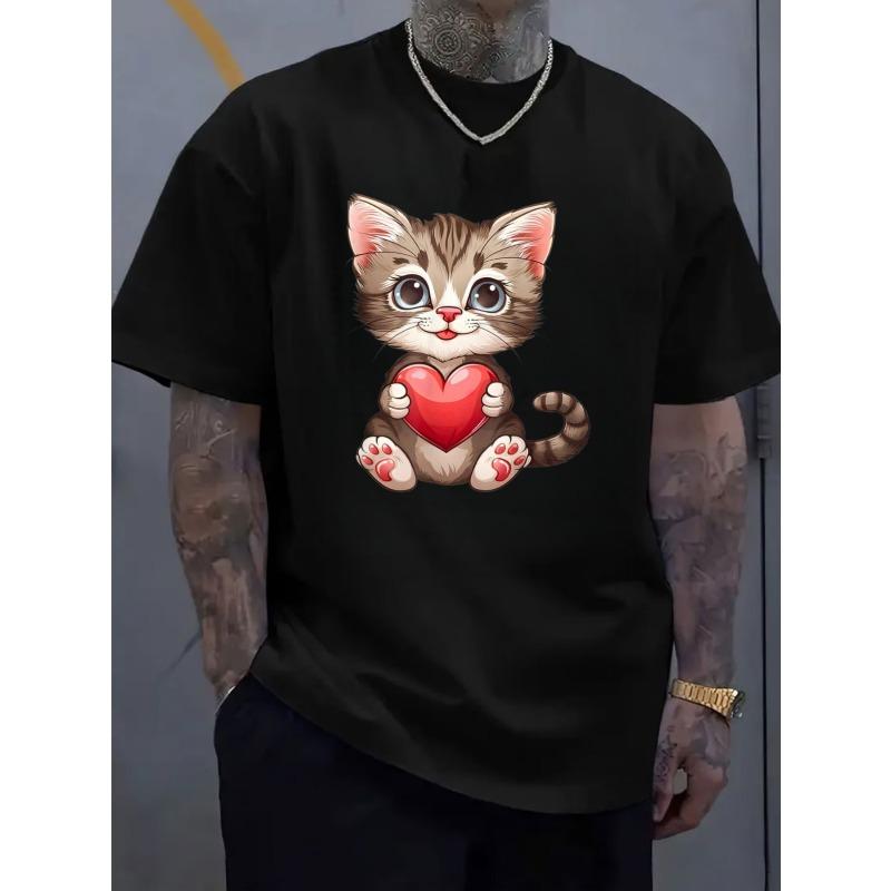 Cute Cartoon Cat Holding Heart Men's T-Shirt Valentine's Day Gift for Him Summer Casual Wear Perfect for Pet Lovers And Romance Enthusiasts