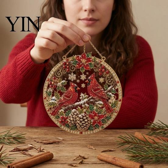 Durable Christmas Tree Decor Rhinestone Painting Suncatcher Kit, Round DIY Hanging Festive Decorations for Holidays Home, Craft Pendant Holiday Party
