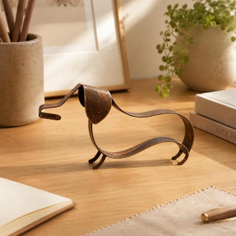 Open-Frame Wiener Dog Sculpture In Metal with a Mottled Aged-Look Finish for Indoor Cabinets, Shelves, and Desktops